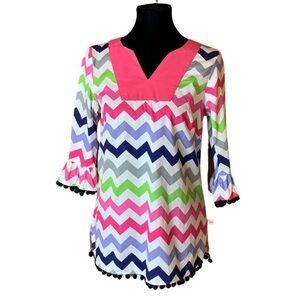 Lolly Wolly Doodle chevron tunic with Pom poms Size Small